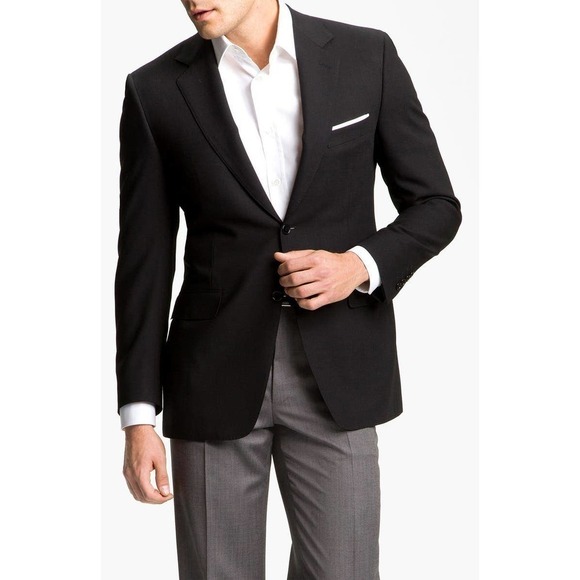 Canali Black Classic Fit Solid Wool Stripped Blazer Men's Size 54L NWT